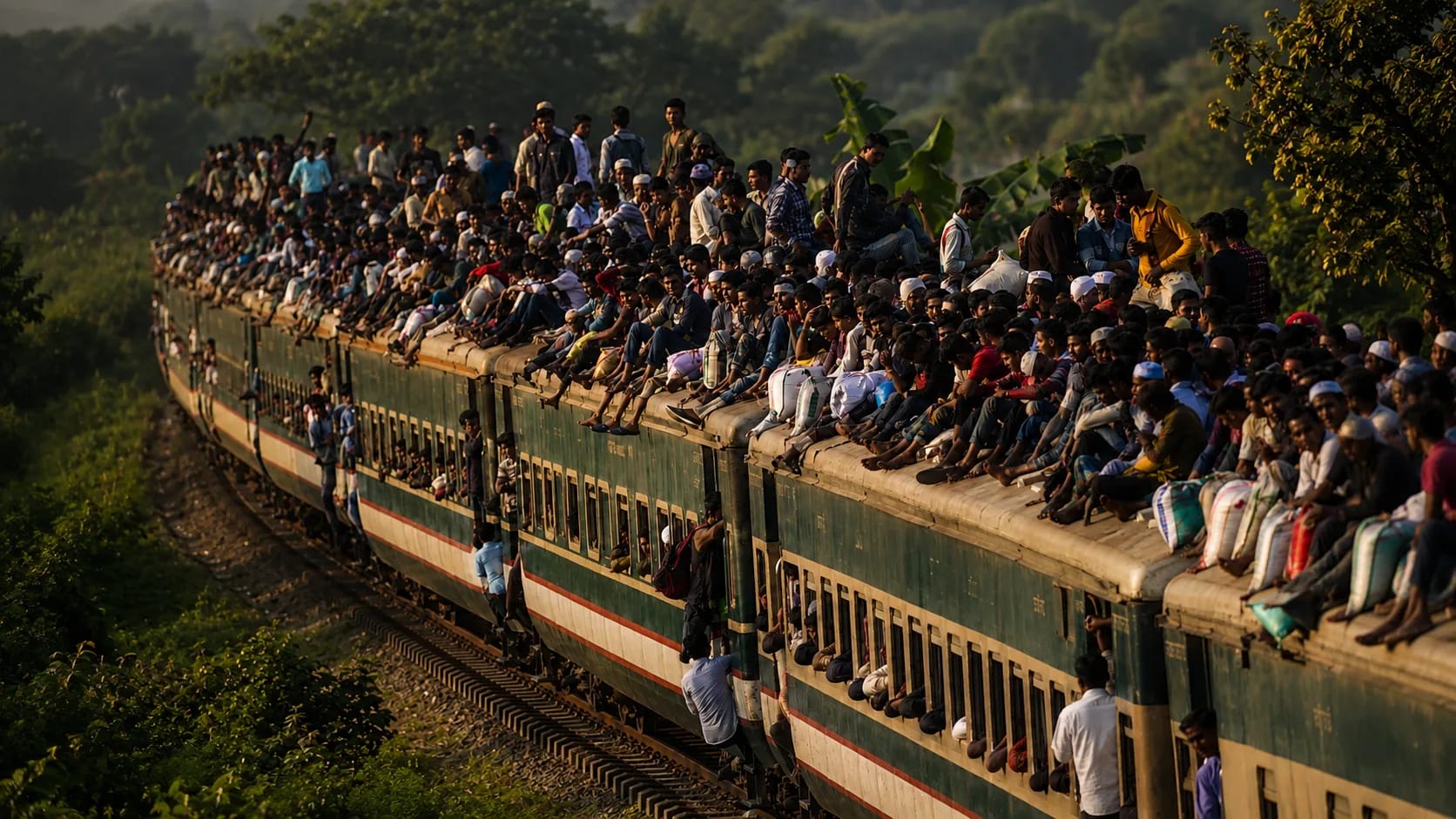 A packed Bangladesh intercity train rolling through the countryside